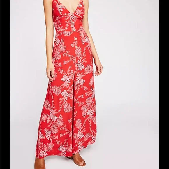 Free People Red and White Floral Jumpsuit with Plunging V-Neckline - Picture 1 of 10
